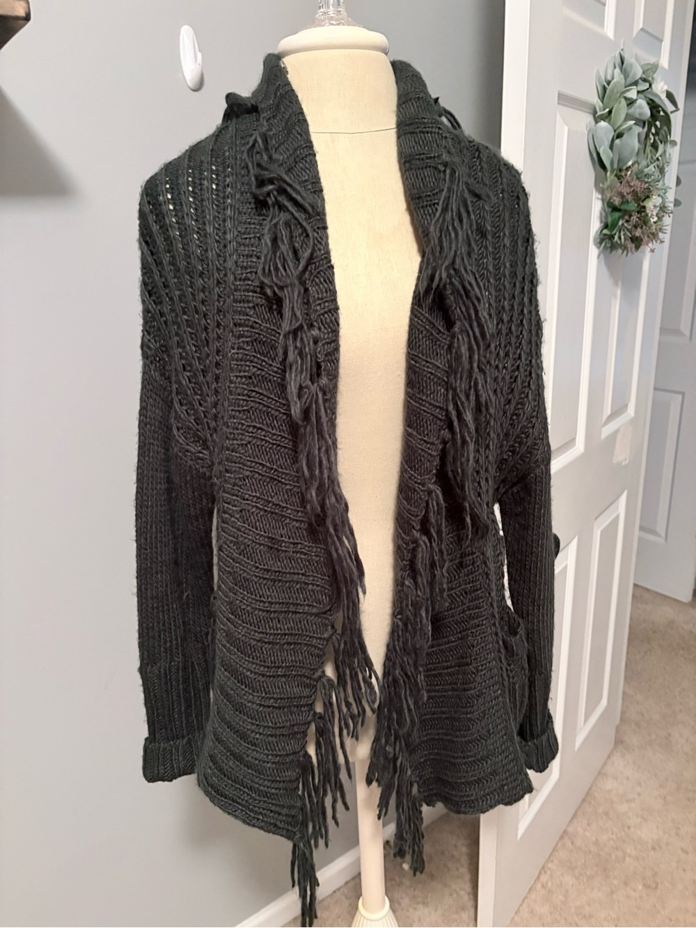 Dark Green Fringe Open-Front Knit Cardigan